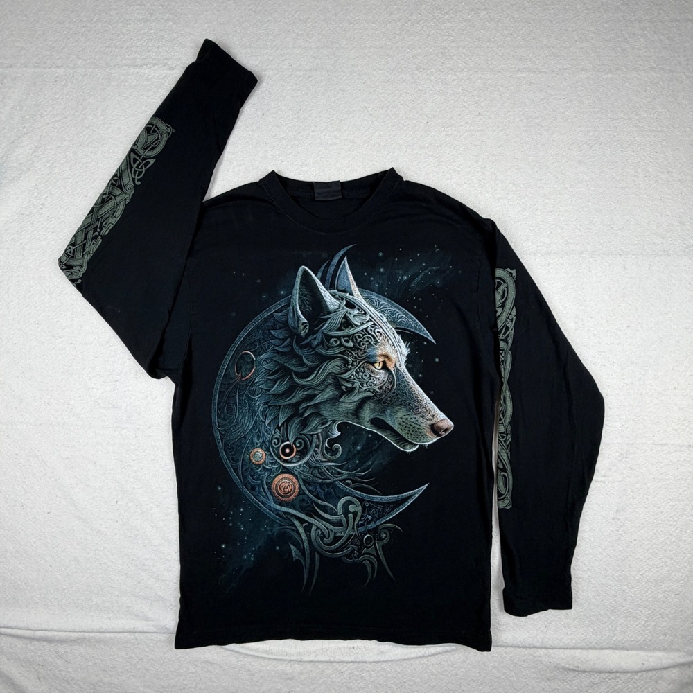 Spiral Direct Celtic Wolf Long Sleeve Shirt Black Gothic Graphic Tee Mens Large